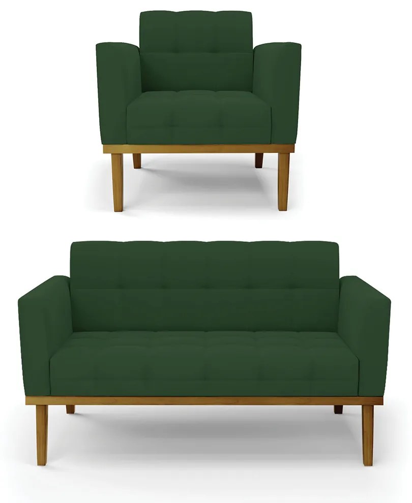 Conjunto Poltrona e Namoradeira Decorativas Karen Pés Fixo em Madeira Castanho Veludo Verde Esmeralda G19 - Gran Belo