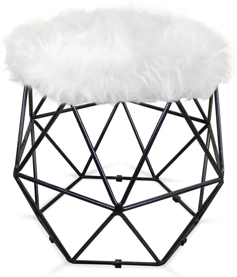Puff Aramado Hexágono Decorativo Industrial Preto com Pelúcia Branco D03 - D'Rossi