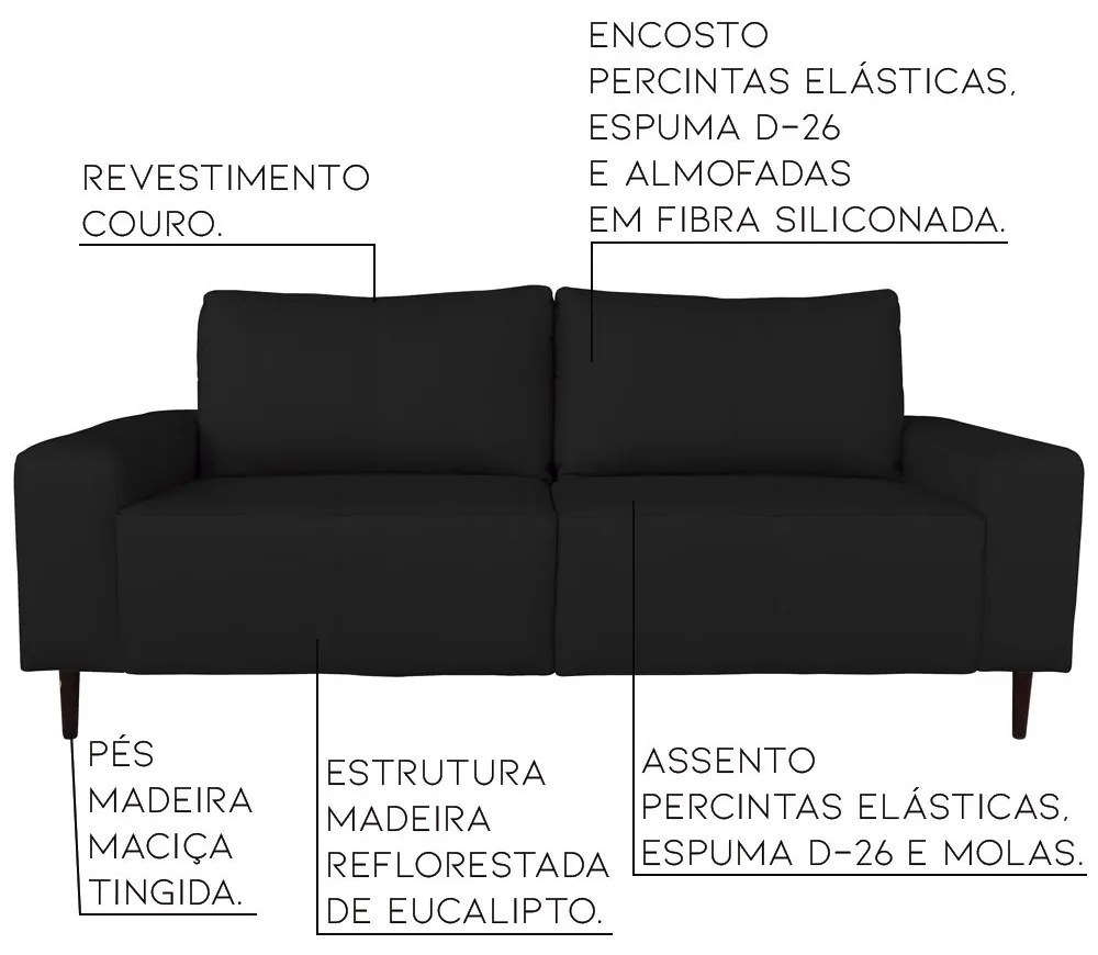 Sofá 02 Lugares Sala de Estar Recepção 200cm Brad Couro Preto G58 - Gran Belo