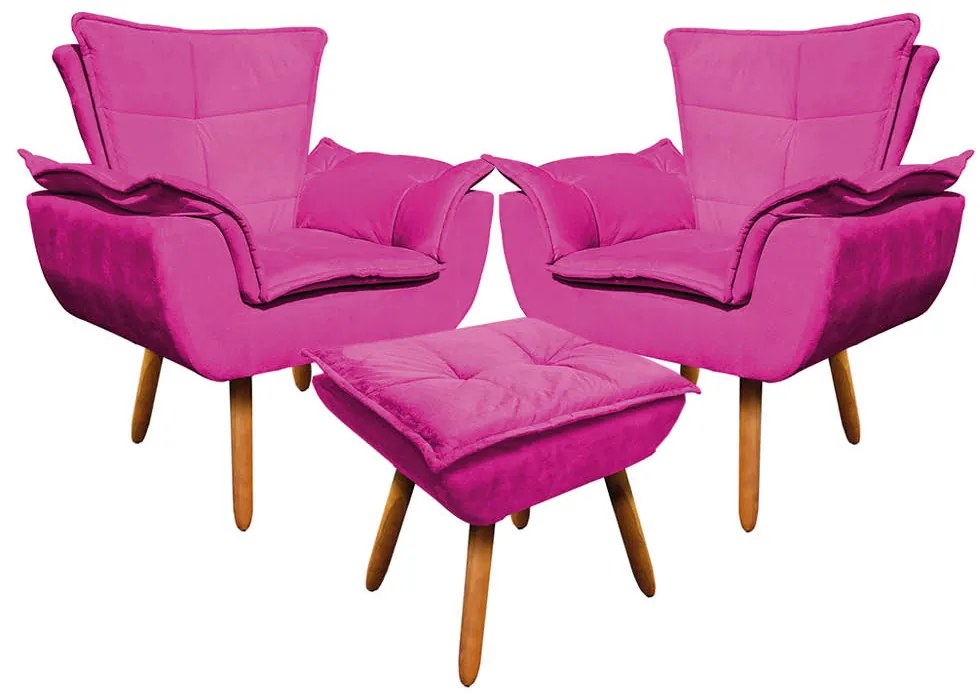 02 Poltronas e 01 Puff Pé Palito de Madeira Opala Suede - Pink