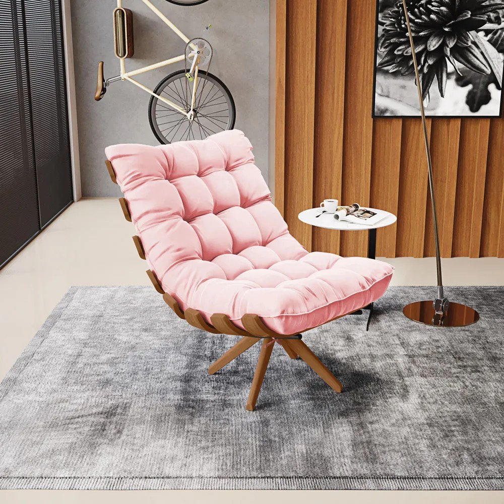 Poltrona Giratoria Costela Kit 2 Suede Rosa Bebê Base de Madeira MA30 M11 - D'Rossi