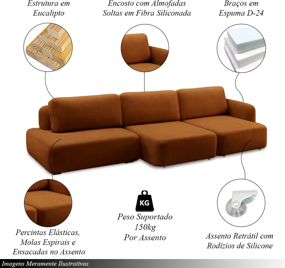 Conjunto Sala de Estar 1 Sofá Retrátil Modulado 312cm e 2 Poltronas Santiago Bouclê Terracota G89 - Gran Belo