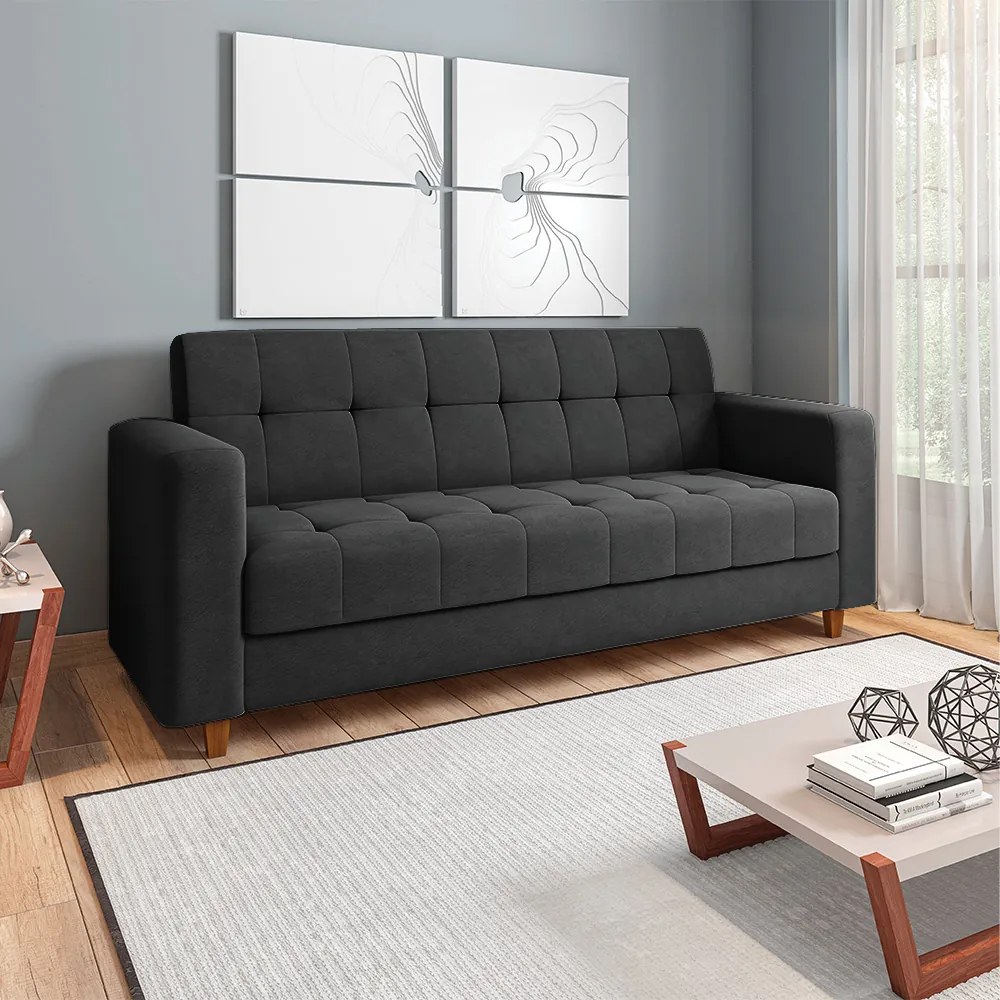 Sofá 03 Lugares Arezzo Suede Preto Pés Chanfrado Castanho - D'Rossi