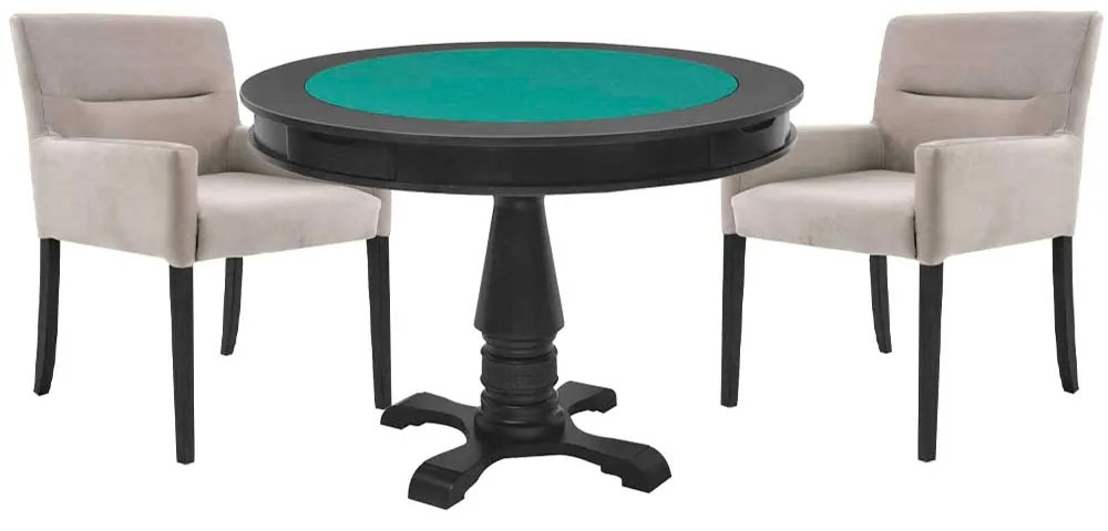 Mesa de Jogos Carteado Victoria Redonda Tampo Reversível Preto com 2 Cadeiras Vicenza Suede Nude G36 G15 - Gran Belo