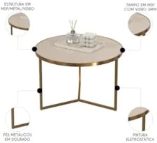Mesa de Centro Redonda Alta Pé Metal Thor Off/Dourado E05   - Mpozenat