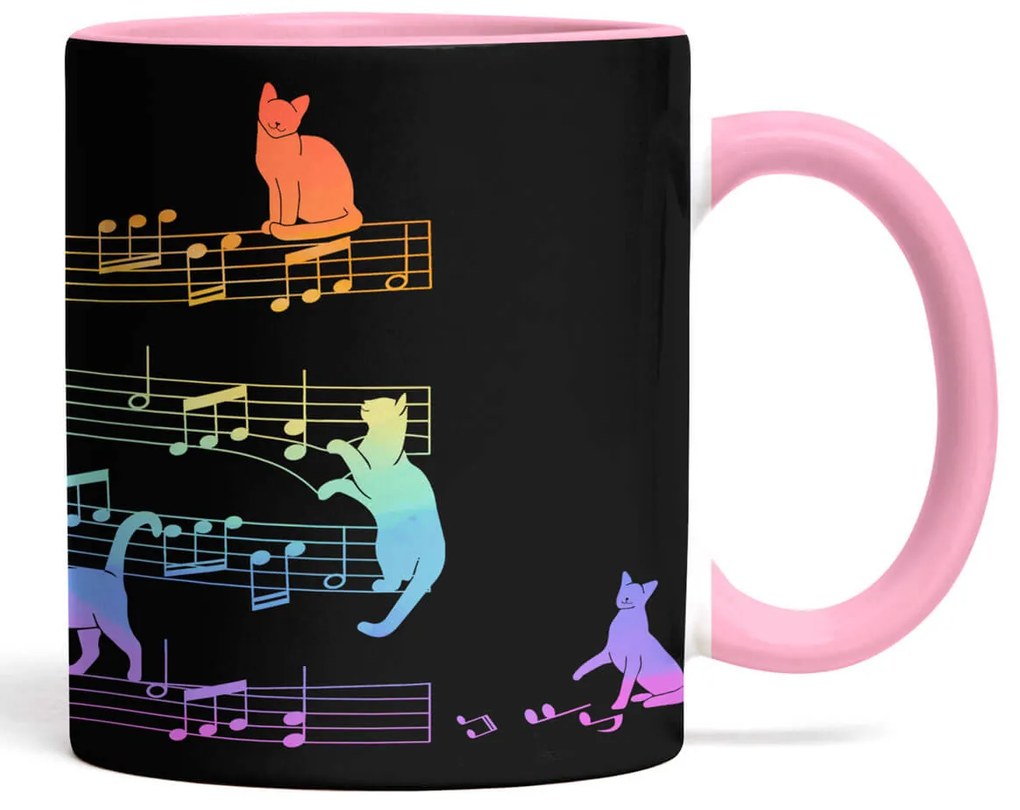 Caneca Gato Musical Arco Iris Cat Lover Preta com Alça Rosa