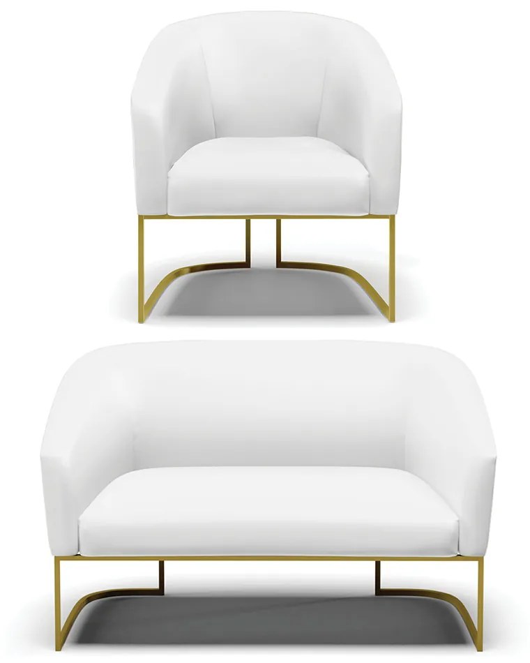 Sofá Namoradeira e Poltrona Industrial Dourado Stella Sintético D03 - D'Rossi - Branco