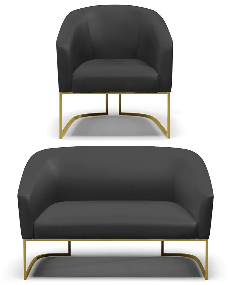 Sofá Namoradeira e Poltrona Base Industrial Dourado Stella Sintético D03 - D'Rossi - Preto