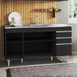 Balcão Gabinete com Pia Inox 150cm 4 Portas 2 Gavetas Marrocos Preto -