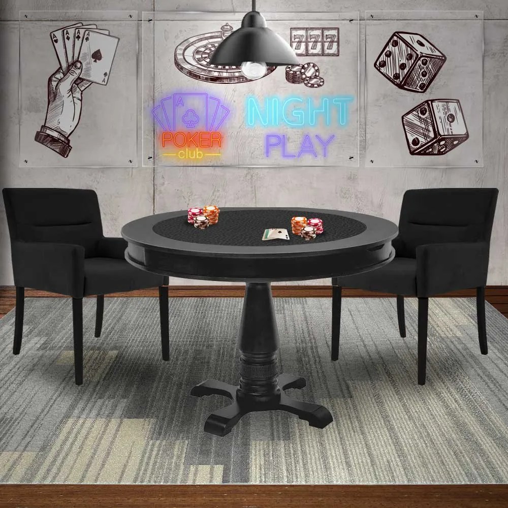 Mesa de Jogos Carteado Redonda Victoria Tampo Reversível Preto com 2 Cadeiras Vicenza Suede Preto Fosco G36 G15 - Gran Belo