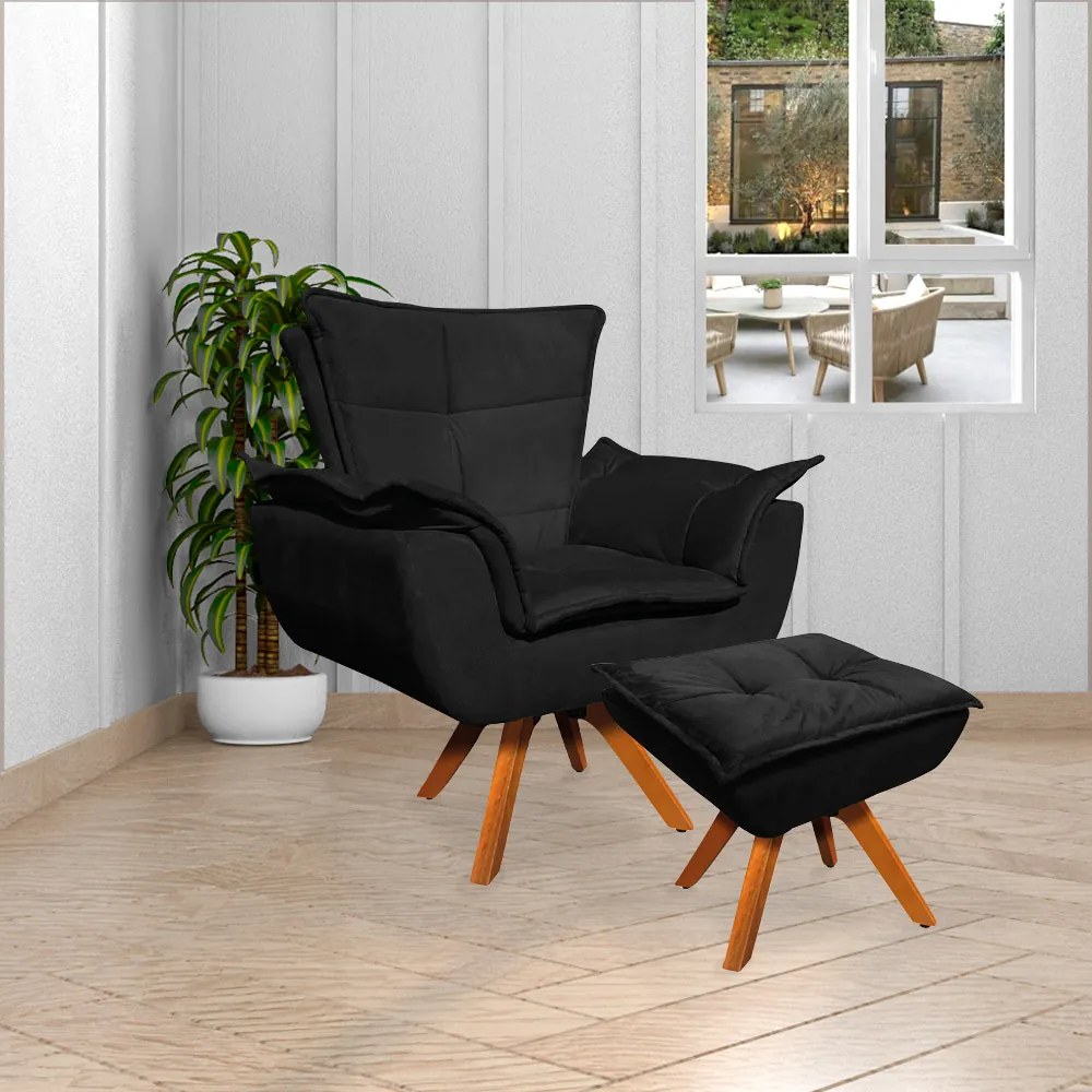 Puff Decorativo Base Giratória em Madeira Charger Suede Preto G19 - Gran Belo