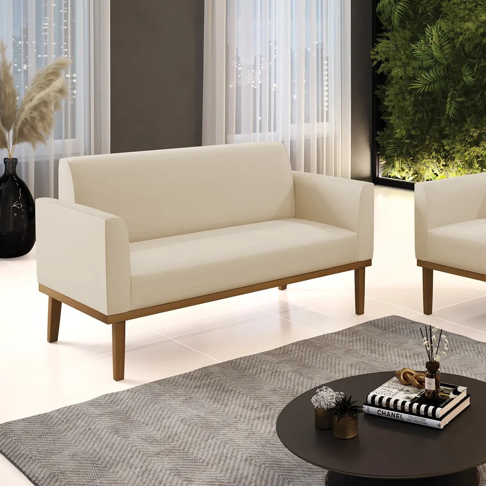 Poltrona Namoradeira Decorativa Isabella Pés Fixo em Madeira Castanho PU Bege G19 - Gran Belo