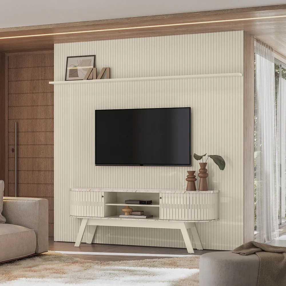 Conjunto Painel com Bancada Greene 2 Portas Deslizantes MDP até 75 Calacata/OffWhite G97 - Gran Belo
