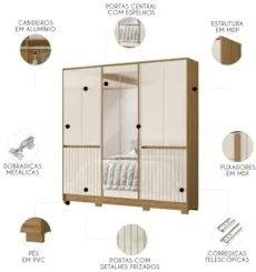 Guarda Roupa Casal 216cm Com Espelho Freeze Freijó/Off Z17   - Mpozena