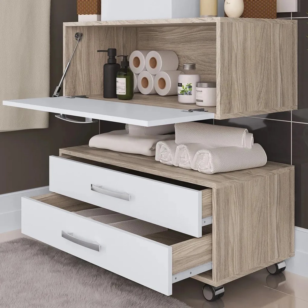 Conjunto De Banheiro 80cm MDF Balcão Painel Cuba Rodinhas Class