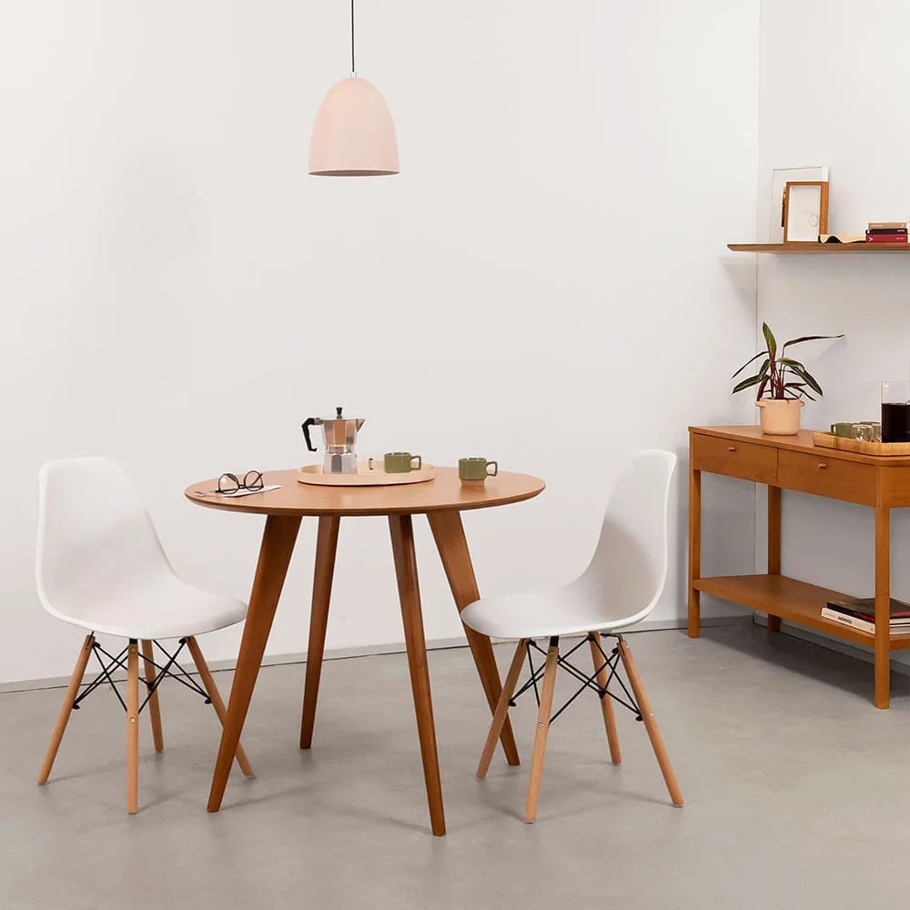 Conjunto Mesa Jantar Square Laminada Redonda Natural - 88cm + 2 Cadeiras Eiffel PP - Branco