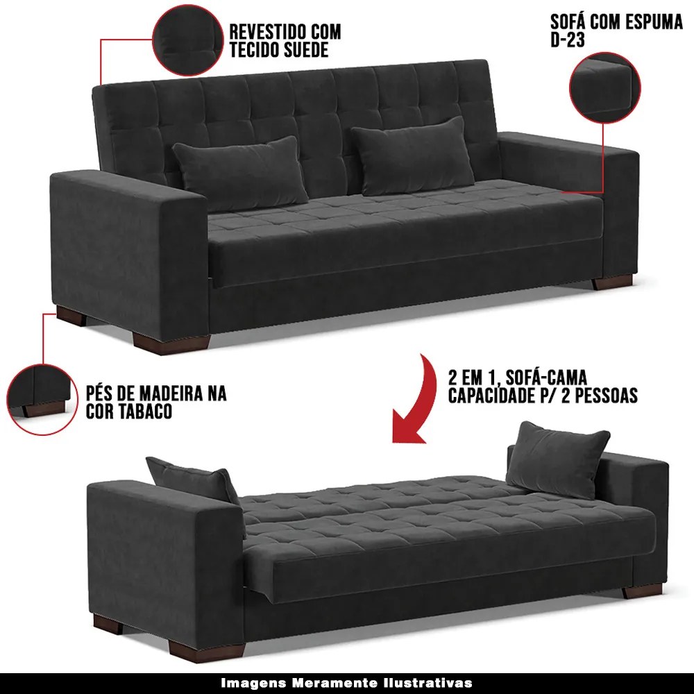 Sofá Cama Decorativo 210cm Beesley Suede Preto G19 - Gran Belo
