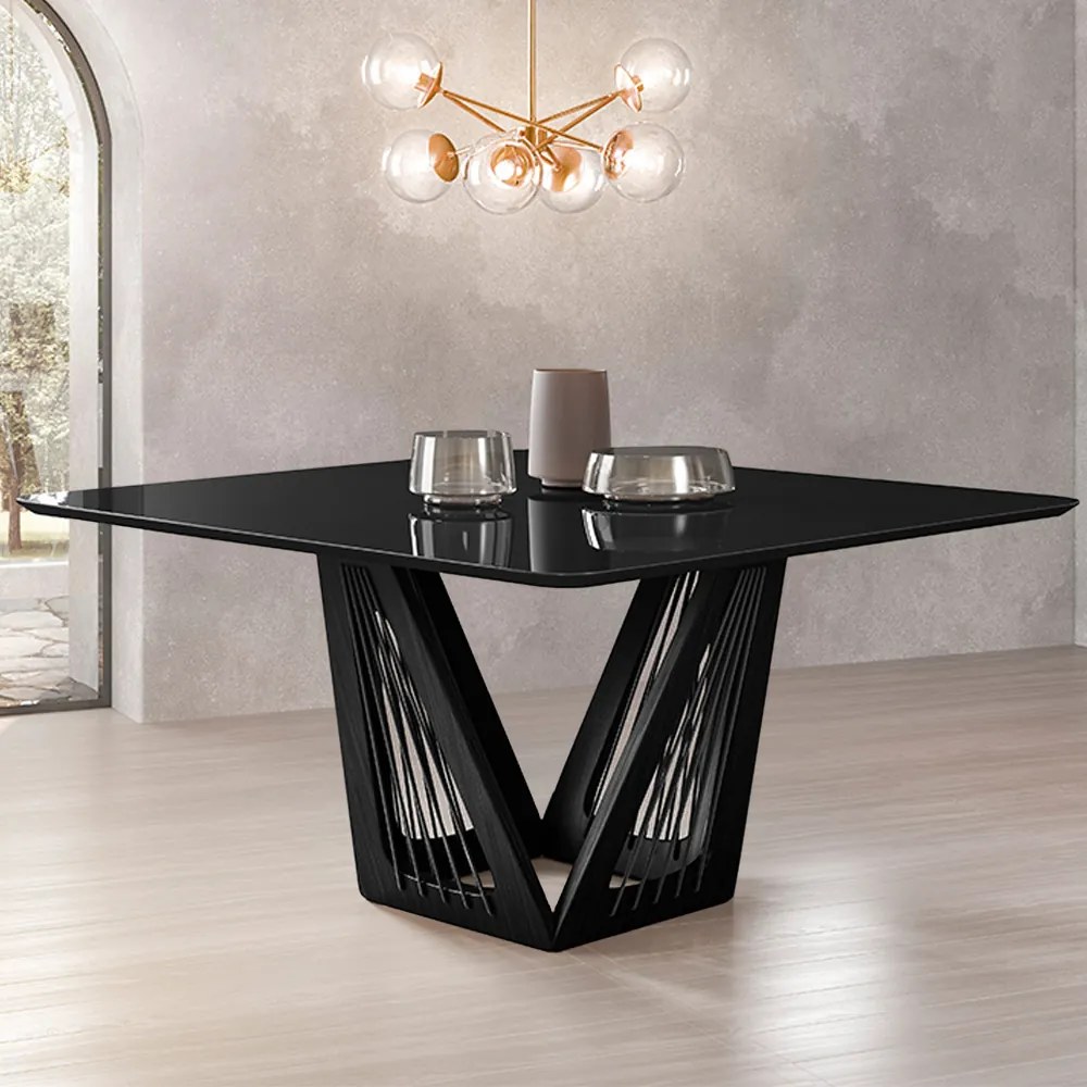 Mesa Sala de Jantar 4 Lugares 150cm Tampo Quadrado de Vidro Giaguaro Preto/Ébano G13 - Gran Belo