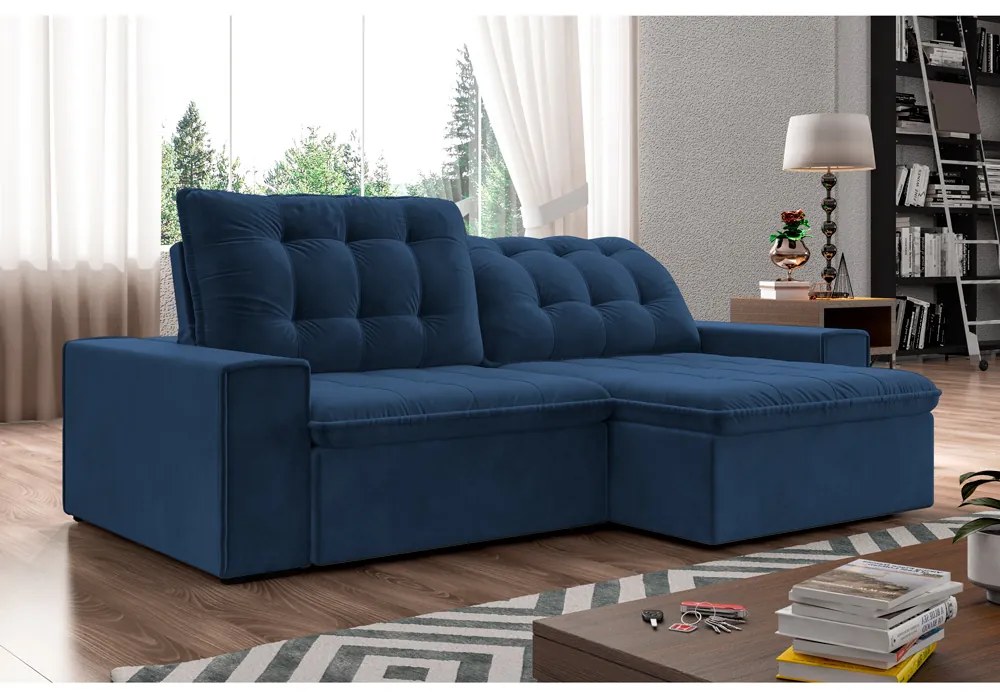 Sofá Retrátil 274 cm Sala de Estar Gabi Suede Azul Marinho G52 - Gran Belo