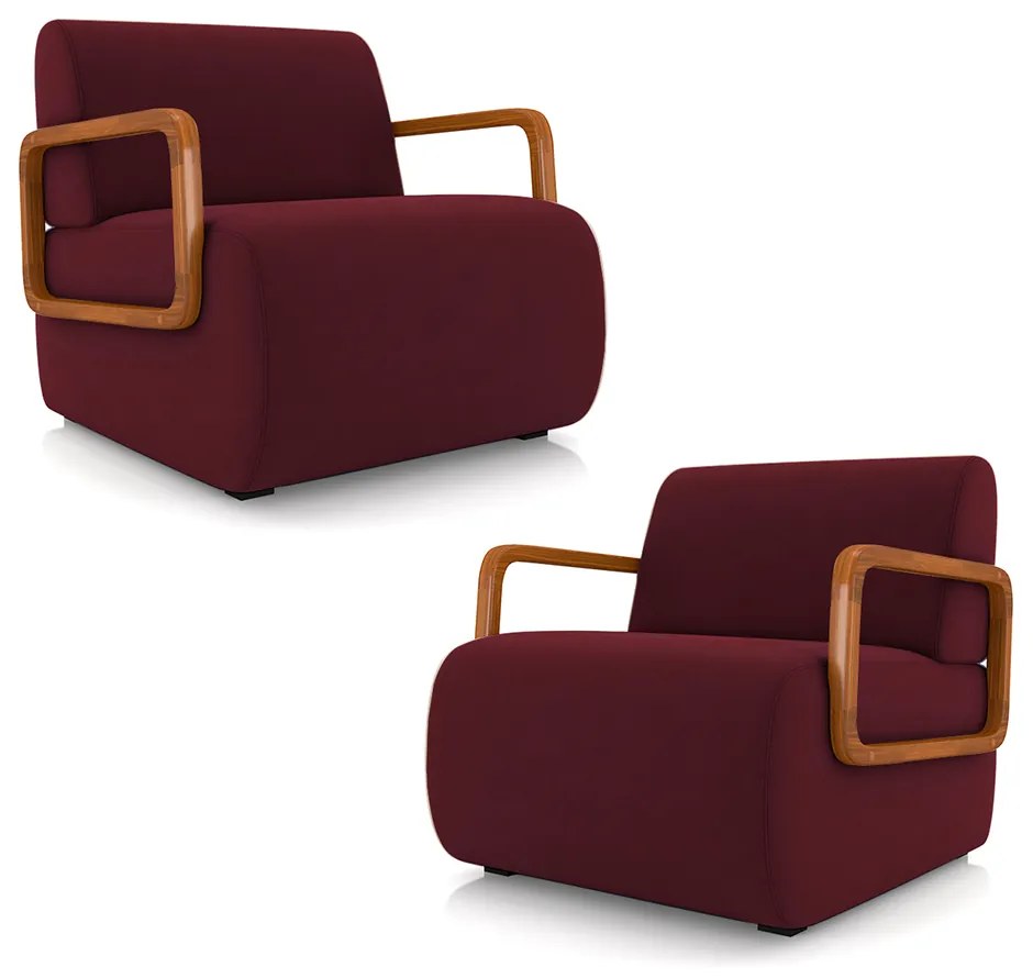 Kit 2 Poltronas Decorativa Sala de Estar Odessa Braços em Madeira Veludo Bordô G33 - Gran Belo