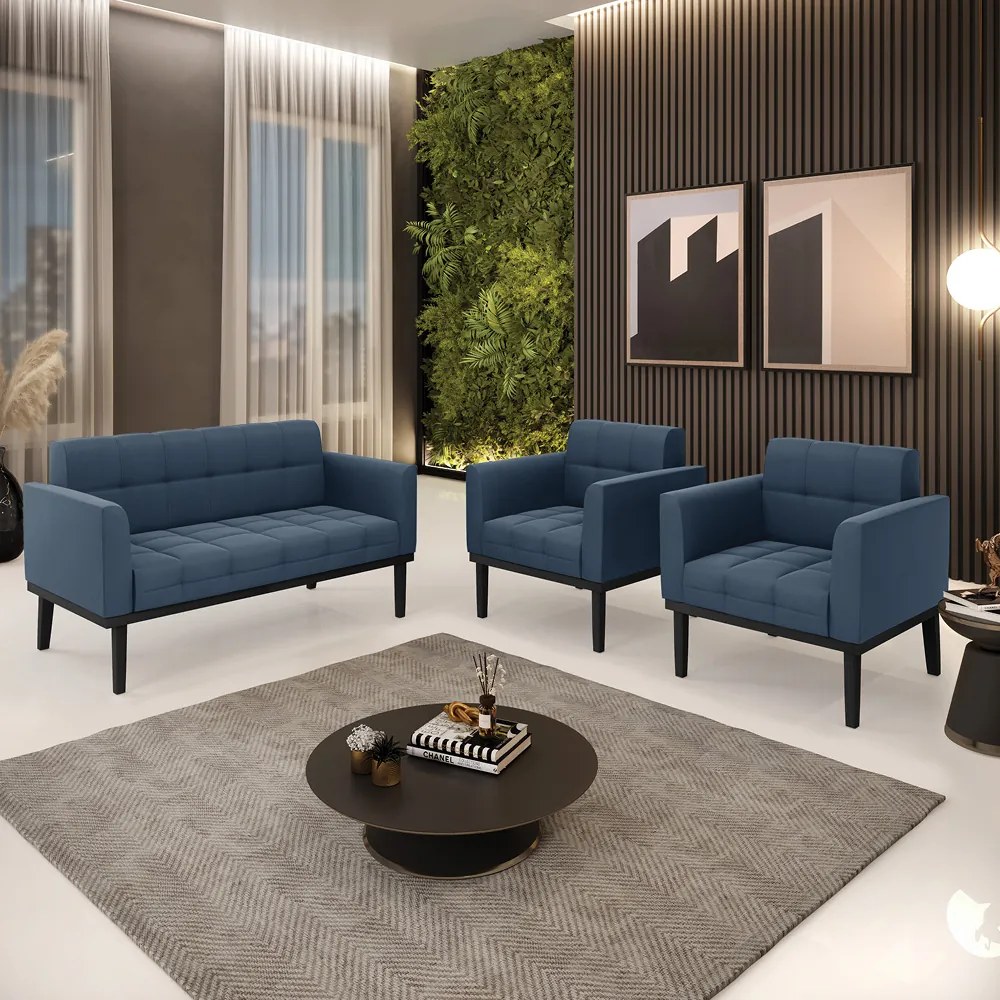 Sofá Namoradeira e 2 Poltronas Base de Madeira Preto Elisa Suede D03 - D'Rossi - Azul Marinho