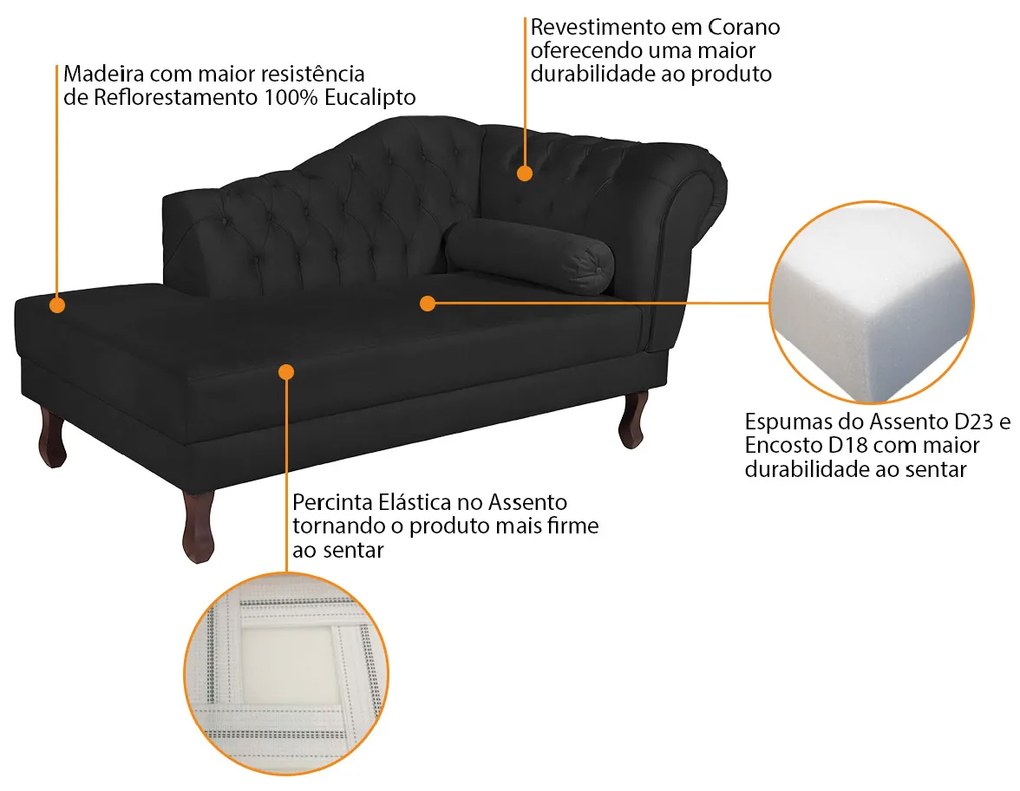 Recamier Diana 185cm Lado Esquerdo Suede Preto - ADJ Decor
