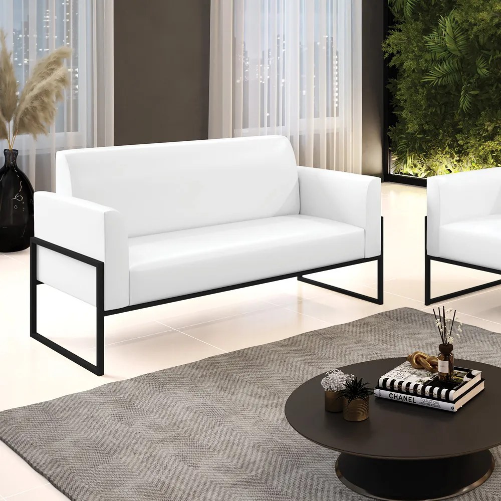 Sofá 2 Lugares Namoradeira Marisa Industrial Alta Preto Sintético Pu D03 - D'Rossi - Branco