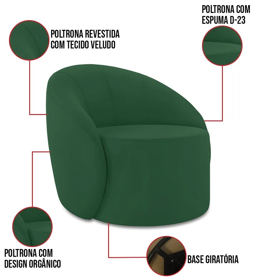 Sofá 4 Lugares Orgânico 220cm Morgan e Poltrona Lua Veludo D03 - D'Rossi - Verde