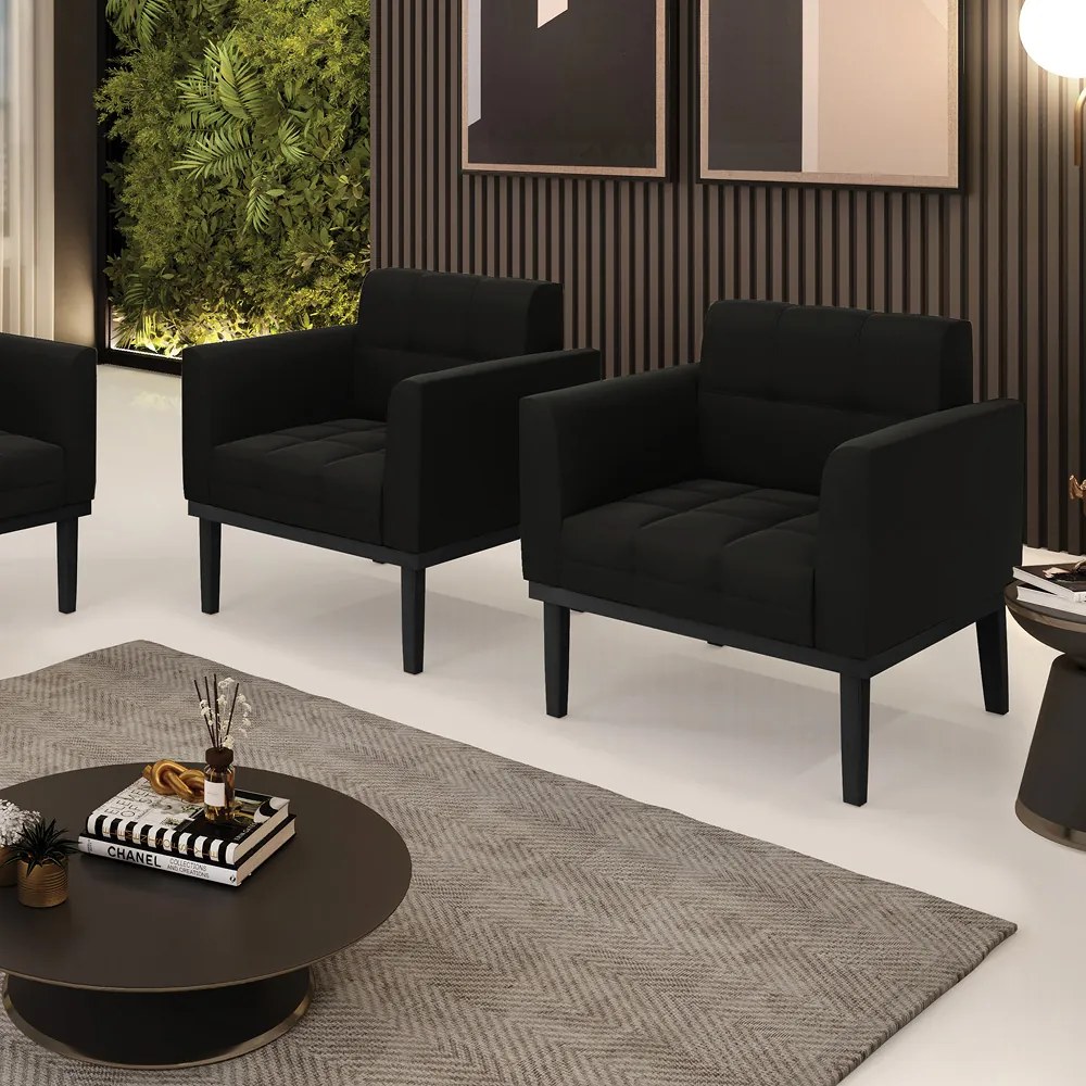 Kit 2 Poltronas Decorativas Karen Pés Fixo em Madeira Preto Suede Preto G19 - Gran Belo