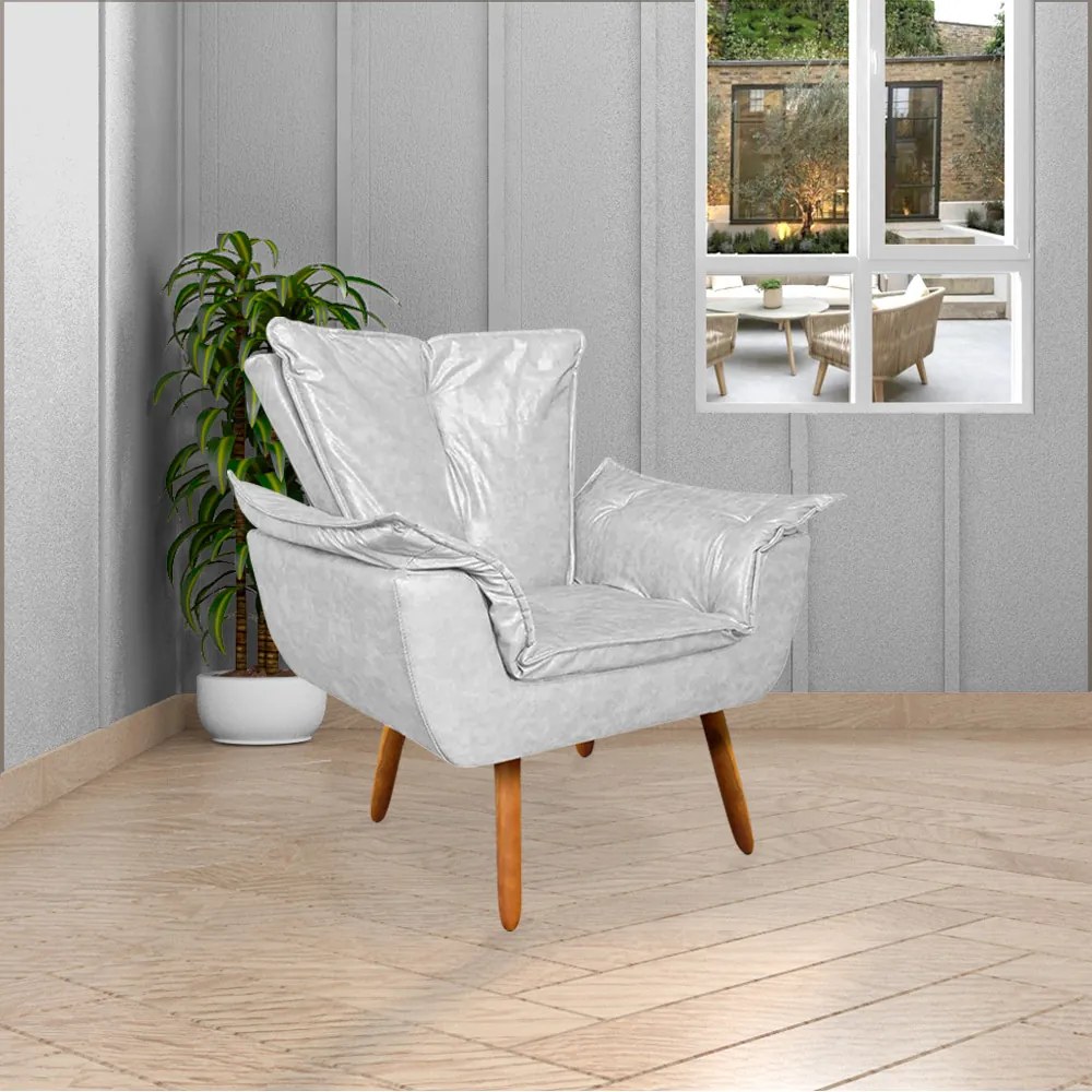 Poltrona Decorativa Pés Palito Charger PU Branco G19 - Gran Belo