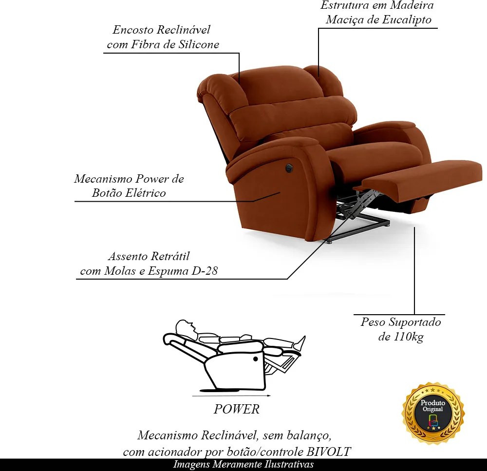 Poltrona do Papai Sala de Cinema Reclinável Kylie Power Elétrica Veludo Terracota G23