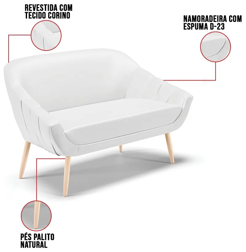 Kit 01 Namoradeira 02 Lugares e 01 Poltrona Giovana Corino Pés Palito Natural D01 - D?Rossi - Branco