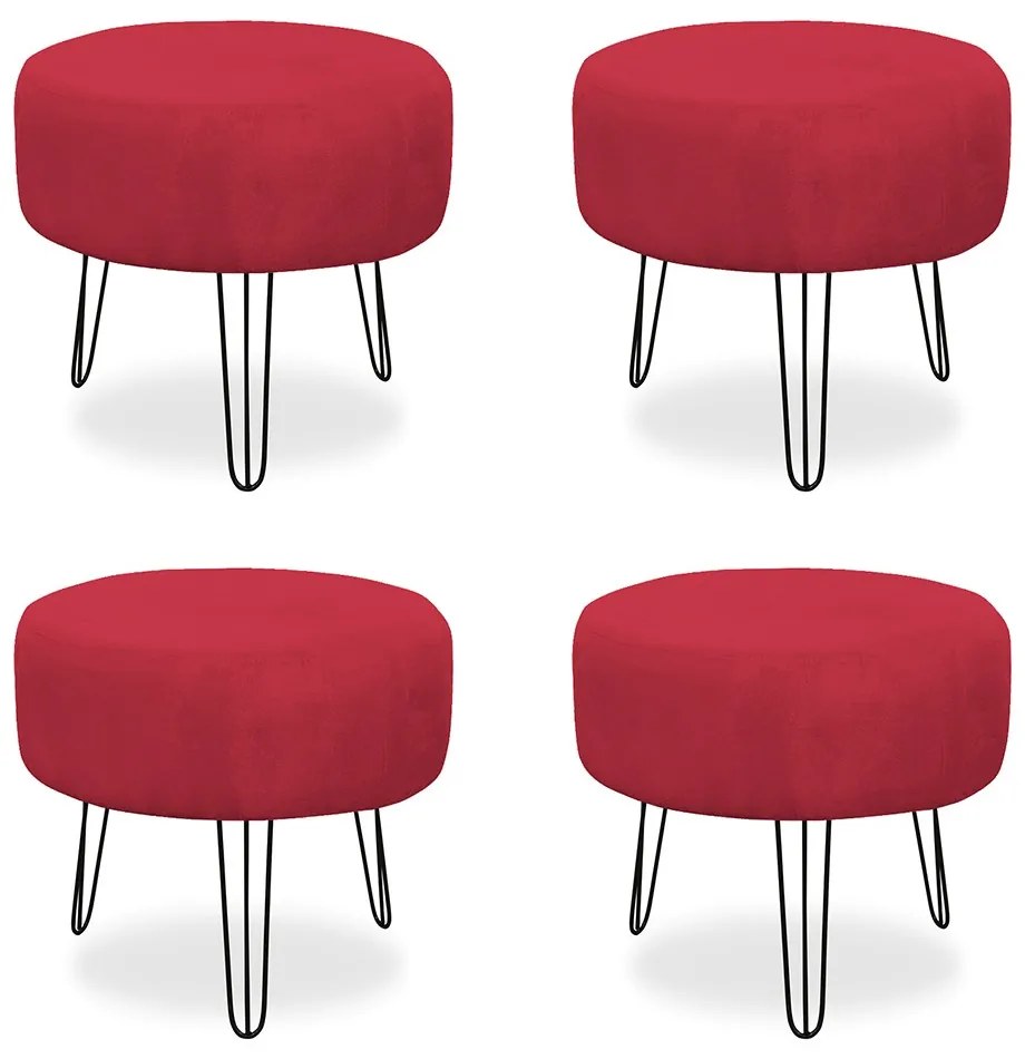 Kit 04 Puffs Redondos para Sala Chloe Suede Vermelho