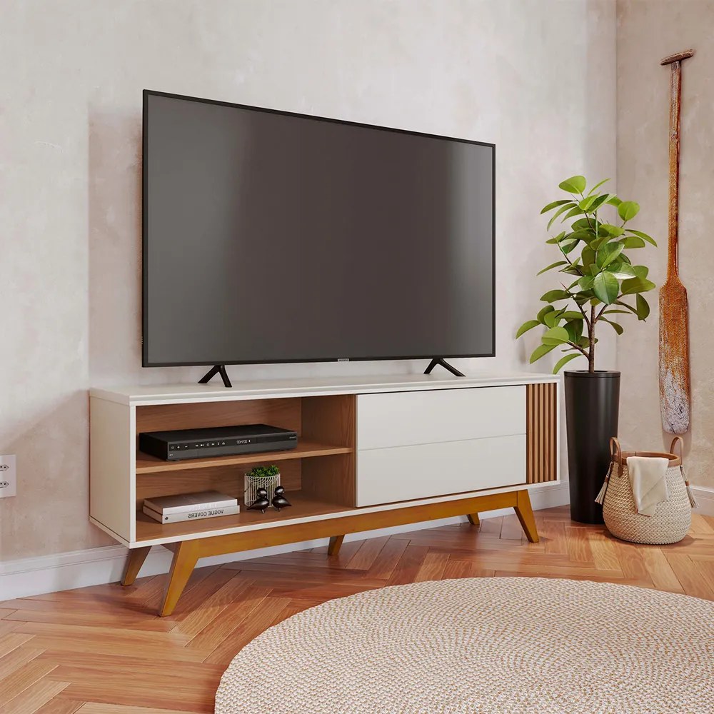 Rack Bancada Pés Madeira Nuro 160cm Porta Deslizante MDF/MDP TV até 60 Off White/Freijó G73 - Gran Belo