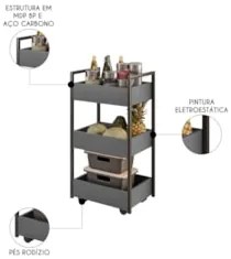 Carrinho Organizador Fruteira 3 Prateleiras Industrial Liss Z34 Grafit