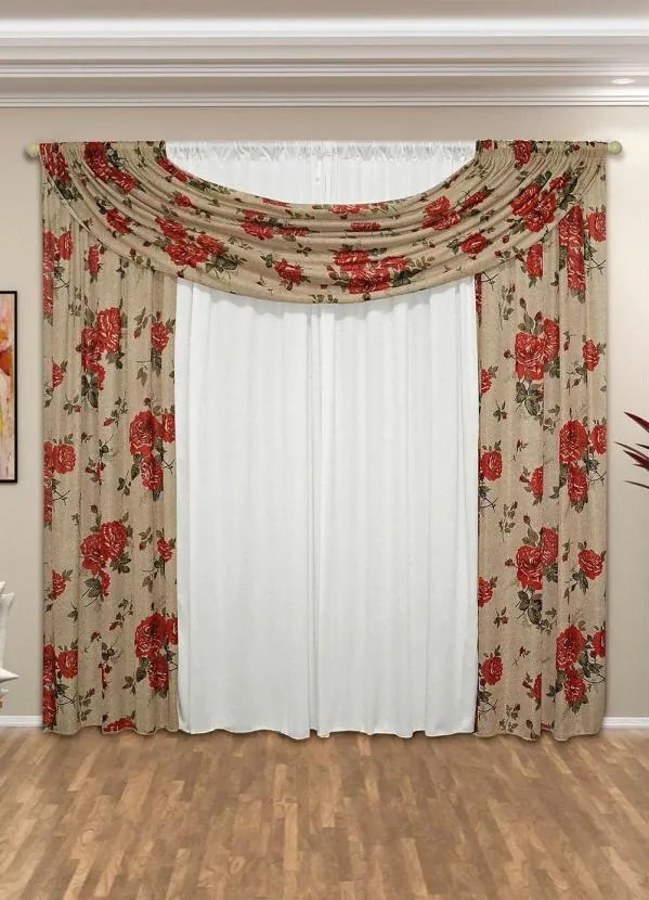 Cortina com Bandô Floral Vermelha 360x180 cm