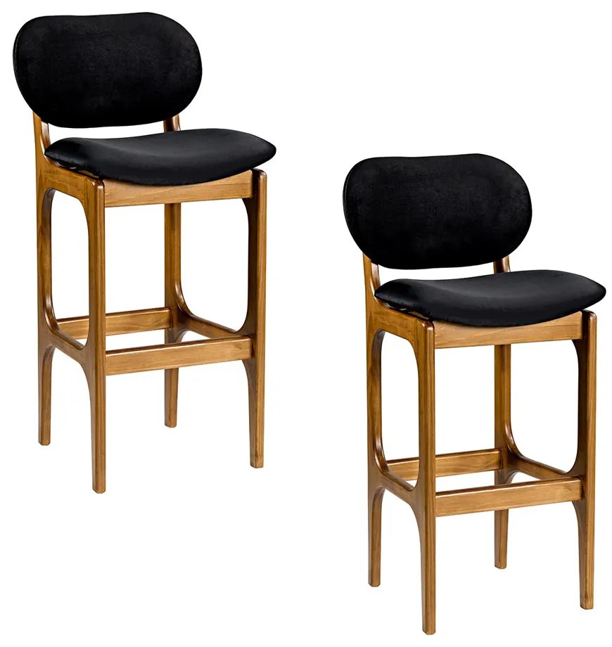 Kit 2 Banquetas Alta Madeira Maciça Soshoku Veludo Preto/Imbuia G42 - Gran Belo
