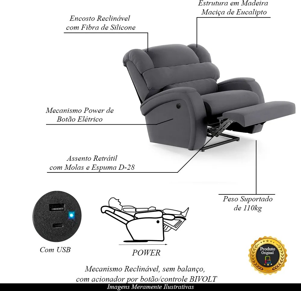 Poltrona do Papai Sala de Cinema Reclinável Kylie Power Elétrica USB Veludo Cinza Grafite G23