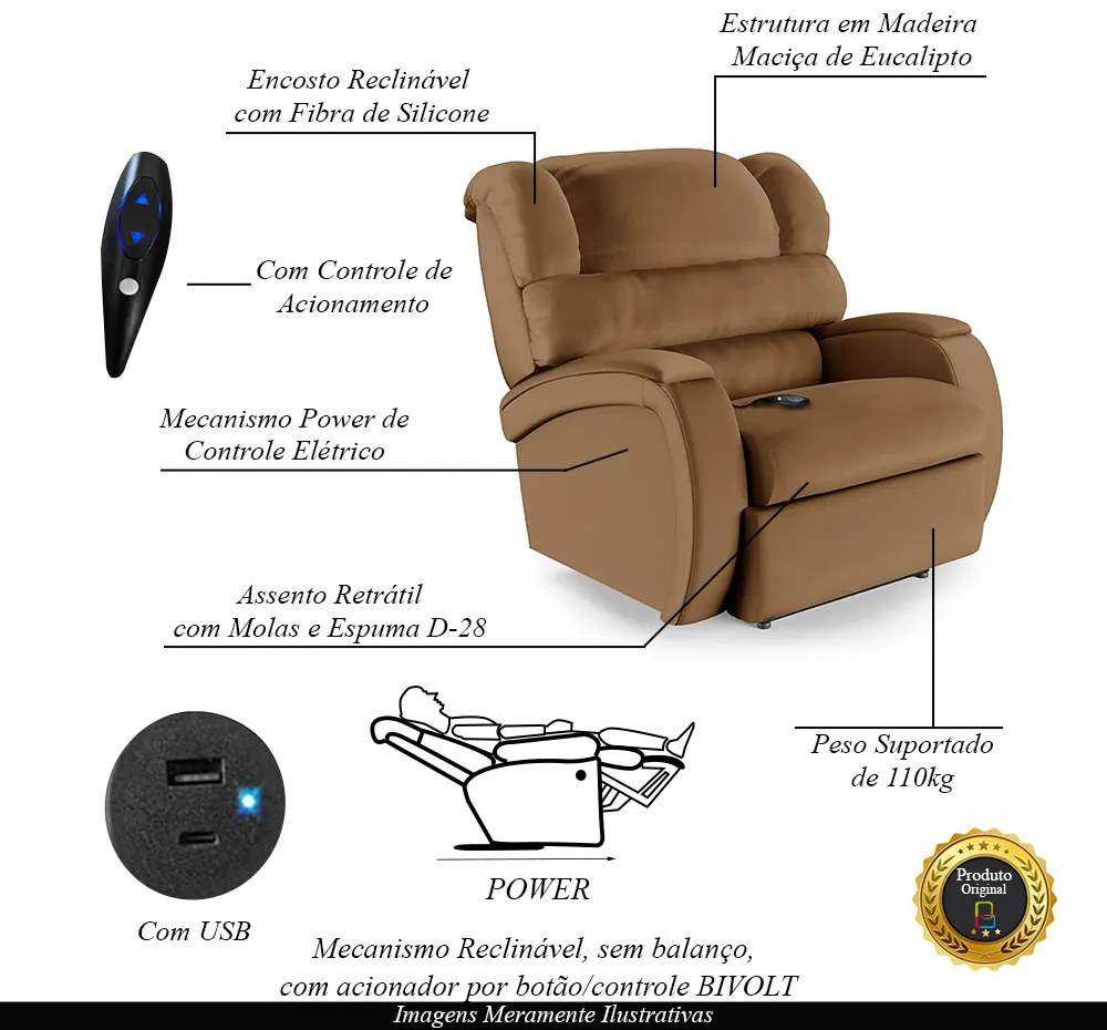 Poltrona do Papai Sala de Cinema Reclinável Kylie Controle Power Elétrico USB PU Caramelo G23