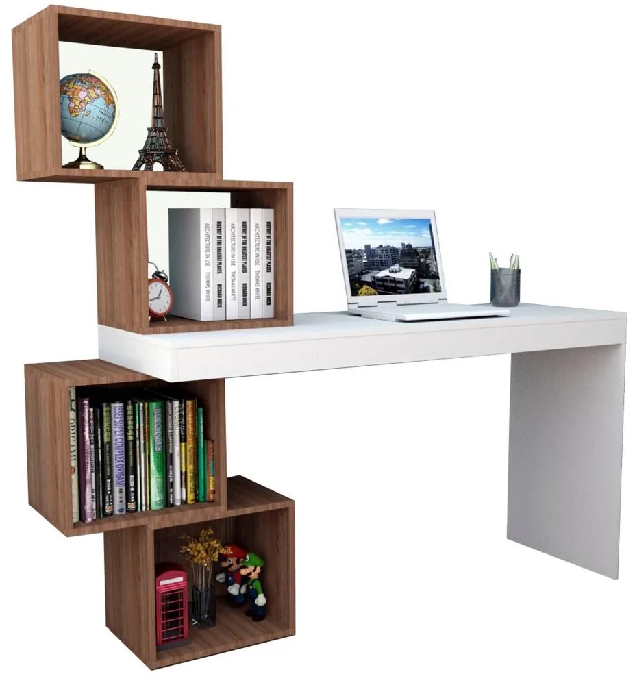 Mesa Escrivaninha 4 Nichos Home Office Castanho e Branco