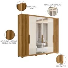 Guarda Roupa Casal com Espelho 6 Portas 260cm Gaia Z17 Freijó/Off Whit