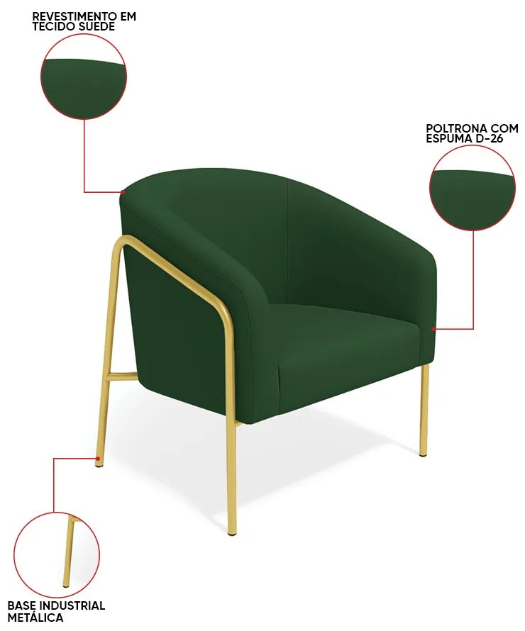 Poltrona Sala Industrial Alta Dourado Kit 2 Stella Suede D03 - D'Rossi  - Verde