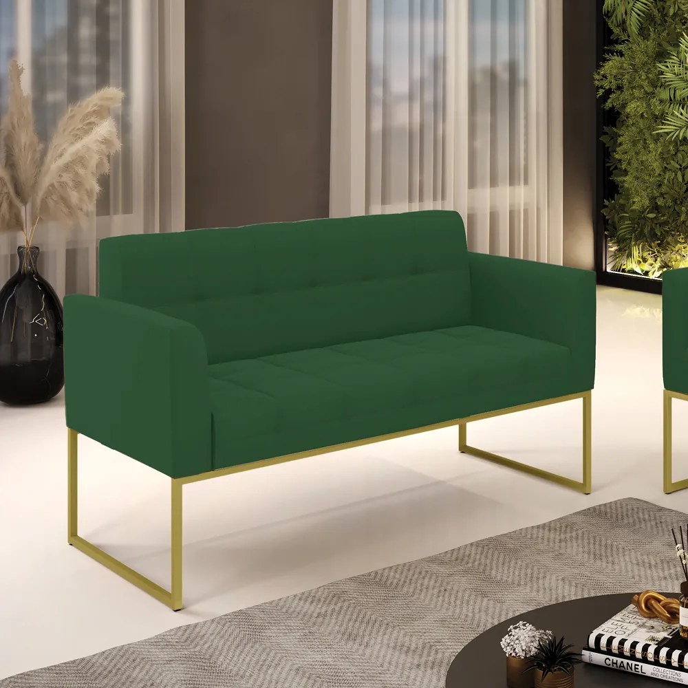Sofá Namoradeira Elisa Veludo Base Metálica Industrial Dourado - D'Rossi - Verde