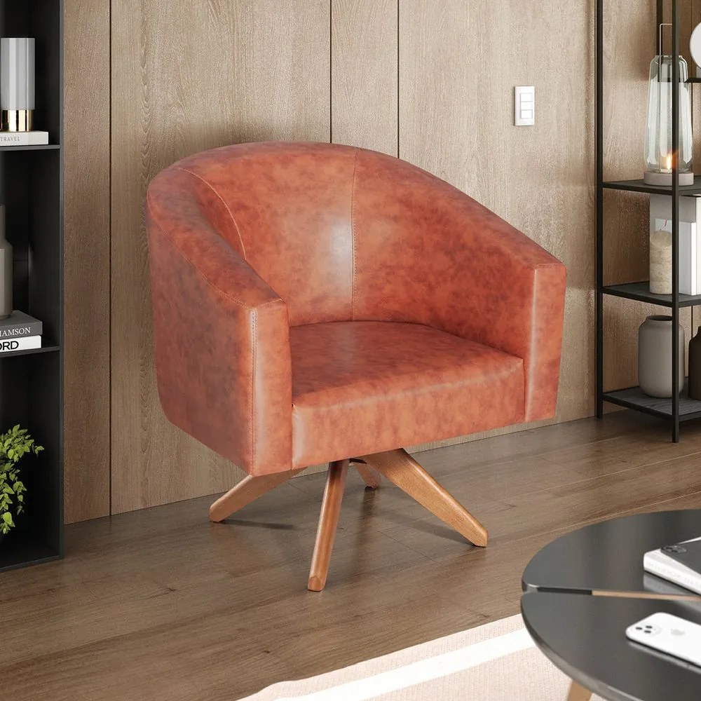 Poltrona Luiza Base Giratória de Madeira Sintético Nozes - ADJ Decor