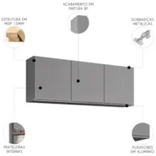 Armário de Cozinha Aéreo 150cm Com 3 Portas Argélia Cinza   - Lumil