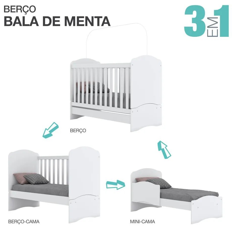 Berço Multifuncional 3 em 1 Minicama Bala de Menta Branco - ADJ DECOR