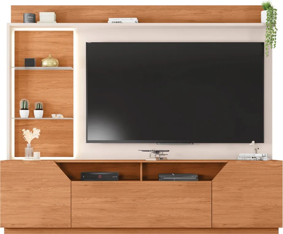 Home Theater Bruma 240cm com LED e Prateleiras em Vidro para TV até 65 MDP Freijo/Off White G11-  Gran Belo