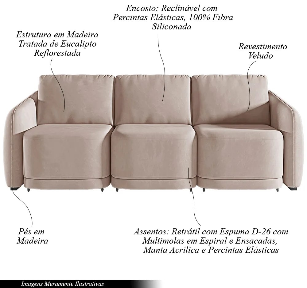 Sofá Cama Modulado Retrátil e Reclinável Decorativo Varsóvia 276cm Veludo Rosê G33 - Gran Belo