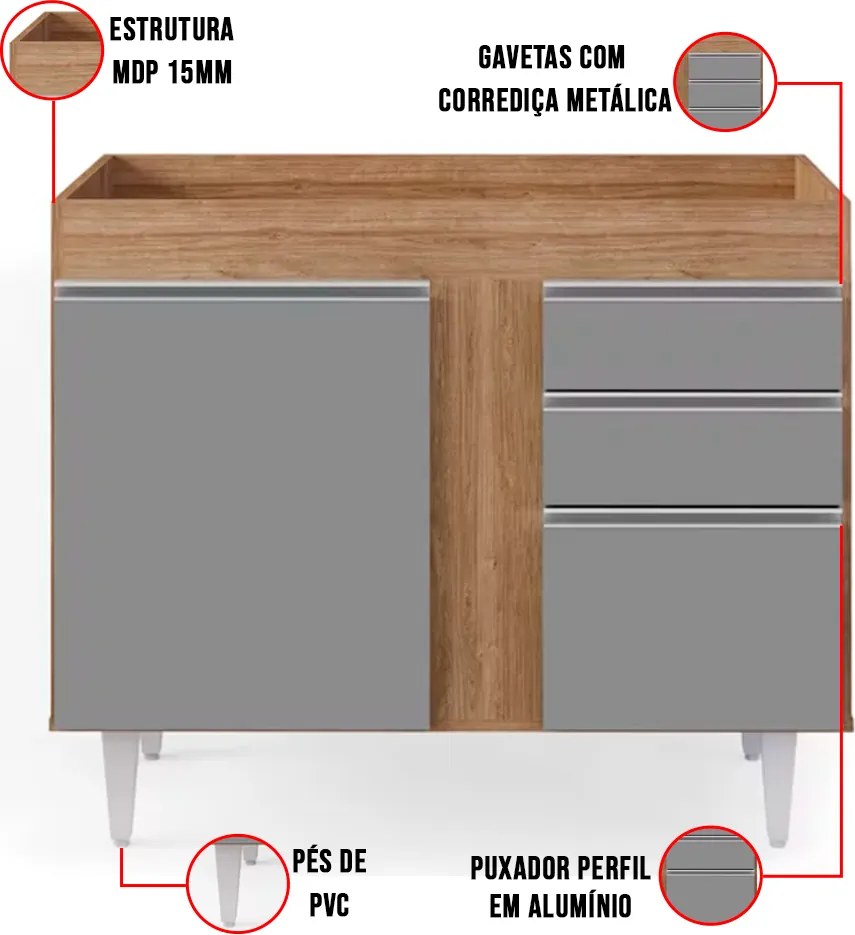Balcão de Cozinha Lavanderia sem Tampo 02 Gavetas Bia 100 cm L06 - D'Rossi - Castanho e Cinza