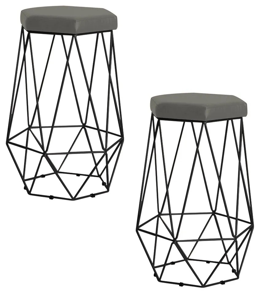 Kit 2 Banqueta Decorativa Rubel Base Preta Suede Cinza G41 - Gran Belo